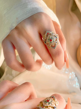 镀925银新品新款珐琅彩牡丹戒指