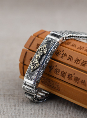 金刚潮流时尚镀925银手链霸气个性复古六字真言转经手链不转动款