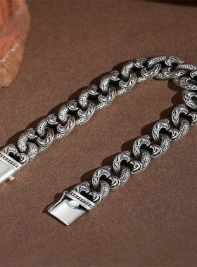 镀925银嘻哈男潮霸气个性宽版扁链复古潮首饰爱心藤纹手链