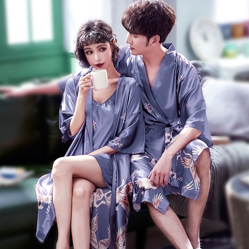 情侣款小性感中长款夏天丝绸浴袍 夕水含睡袍/浴袍