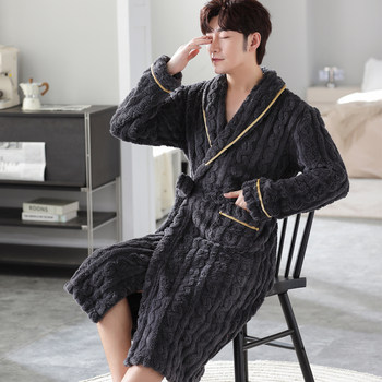 ຊຸດນອນຂອງຜູ້ຊາຍລະດູຫນາວ velvet ຫນາ coral velvet nightgown ຂອງຜູ້ຊາຍດູໃບໄມ້ລົ່ນແລະລະດູຫນາວຍາວ flannel ບວກ velvet bathrobe homewear set