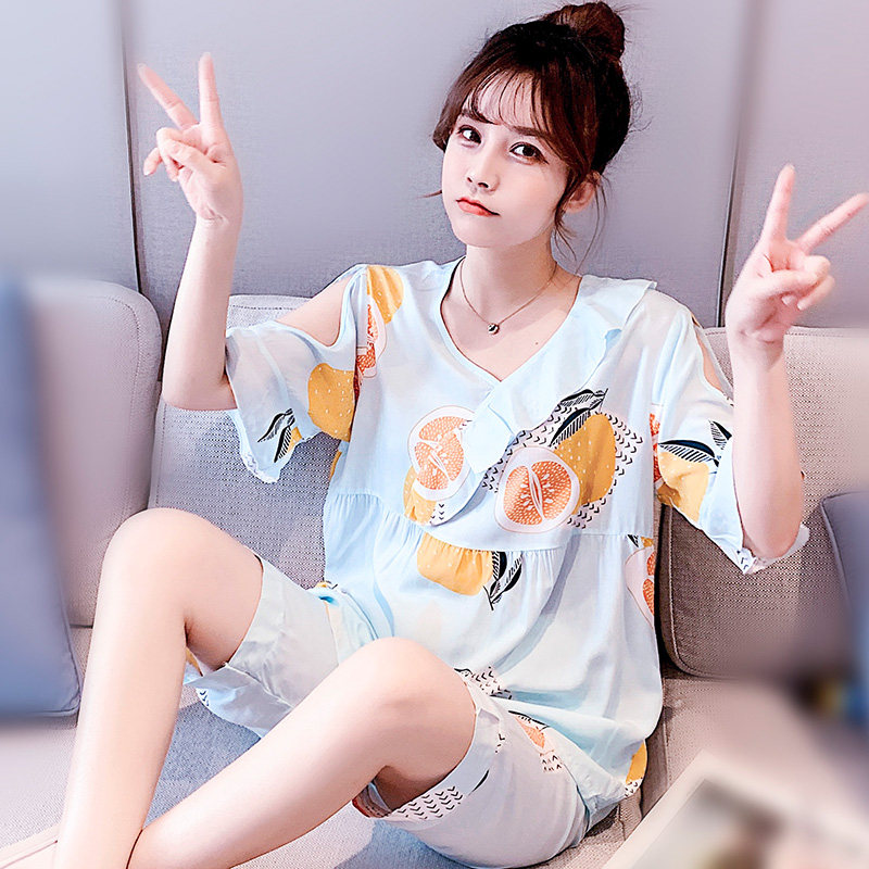 夏季短袖七分裤可爱绵绸人造棉睡衣 夕水含睡衣/家居服套装