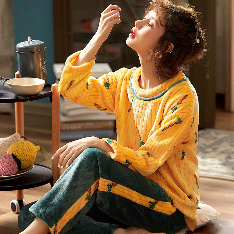 秋冬季新品韩版甜美可爱加绒睡衣 夕水含睡衣/家居服套装