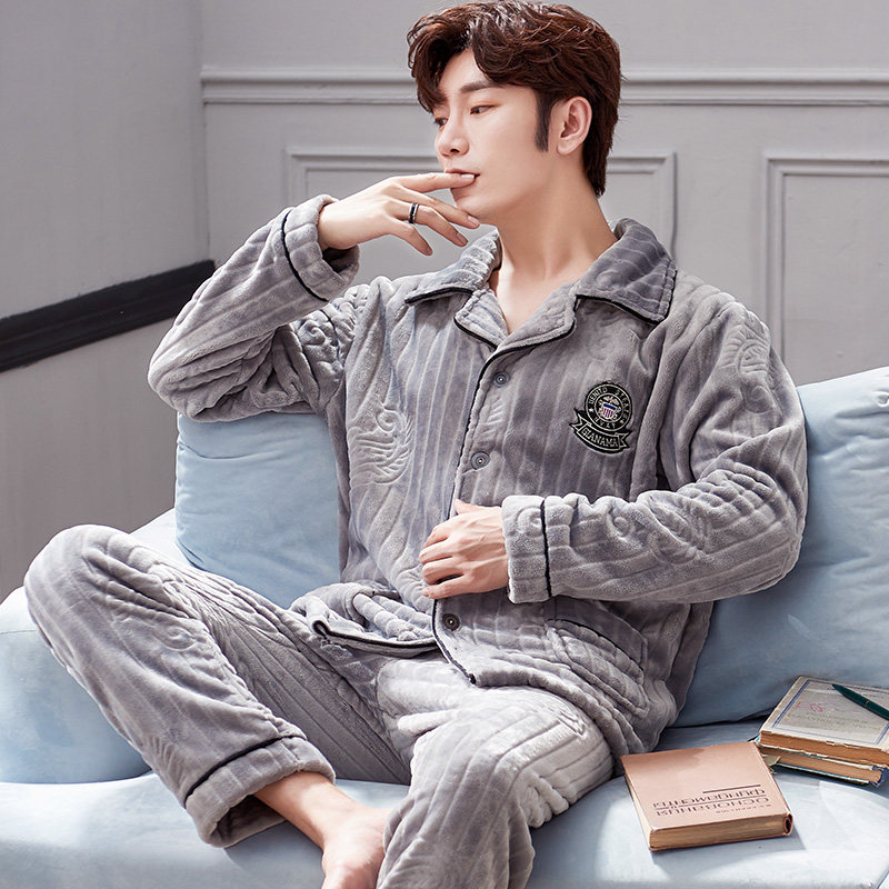 冬季珊瑚绒加绒男士开衫秋冬款睡衣 夕水含睡衣/家居服套装