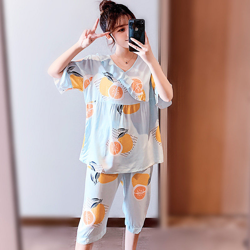 夏季短袖七分裤可爱绵绸人造棉睡衣 夕水含睡衣/家居服套装