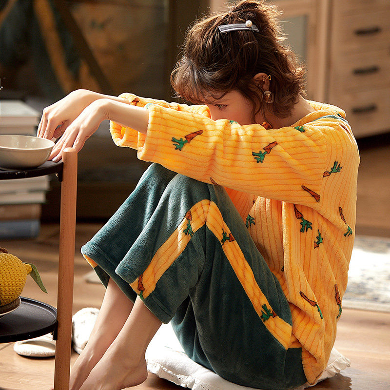 秋冬季新品韩版甜美可爱加绒睡衣 夕水含睡衣/家居服套装