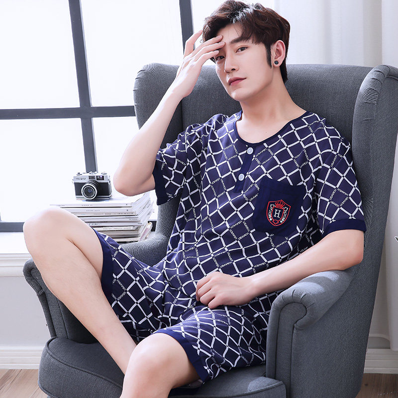 夏季短袖短裤男士绵绸人造棉装睡衣 夕水含睡衣/家居服套装