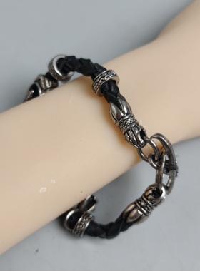 香港15/16时尚机车摇滚乐队暗黑风潮流达人真皮编织手环手链饰品