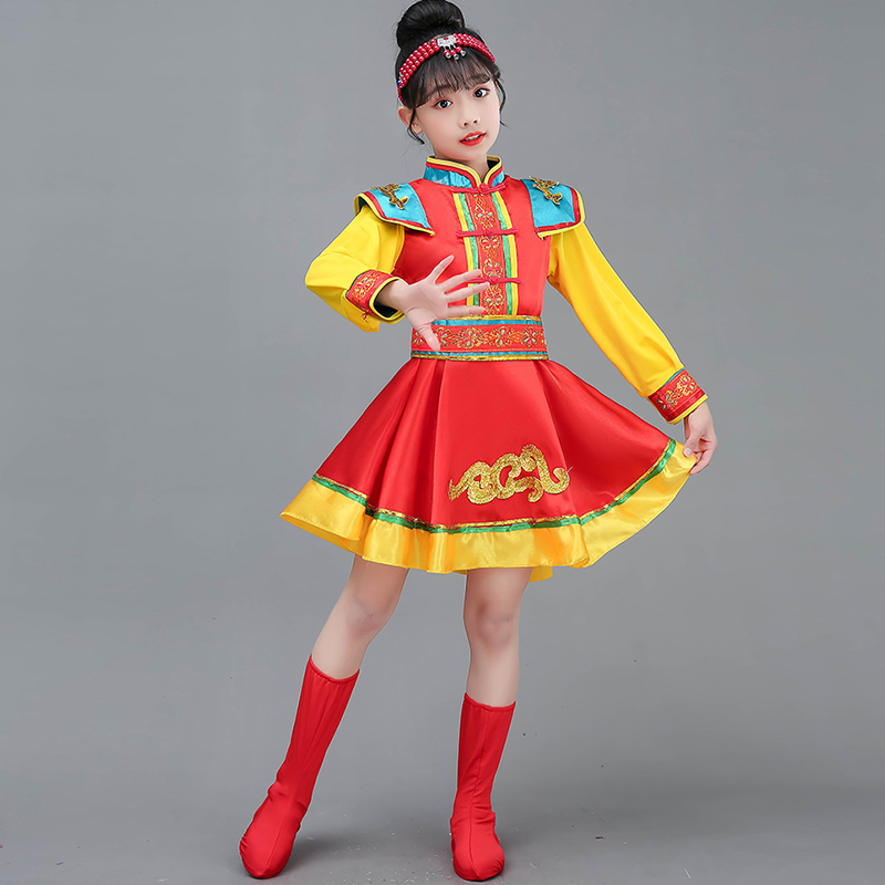蒙古族儿童演出服装女六一节少数民族服装长裙袍舞台表演蹈筷子舞-图2