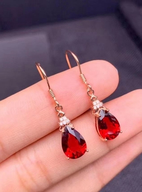 新s925纯银水滴形耳坠成品石榴石