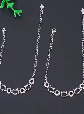 S925银3粒椭圆手链空托6*8mm可自己diy或者来石镶嵌网红银饰品