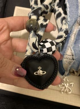 小众设计木珠串珠印花豹纹丝巾项链爱心花朵吊坠可调节锁骨链