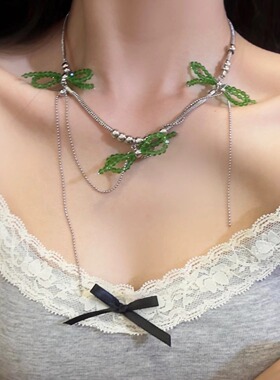 绿色蝴蝶结重工钛钢锁骨链琉璃