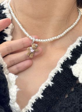 韩国蝴蝶结植绒小熊锁骨链