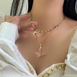 太阳花天然石串珠锁骨链咖色叠搭复古简约椰壳贝壳时尚气质项链