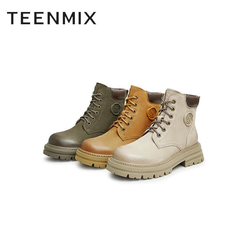 天美意英伦女工装靴加绒2022马丁靴 天美意teenmix马丁靴