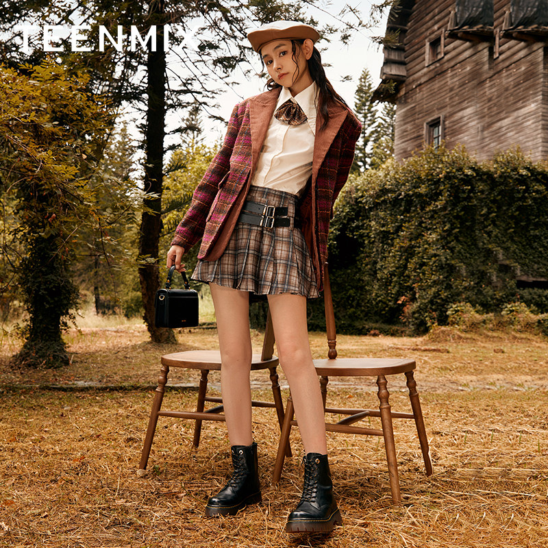 天美意休闲系带厚底女加绒冬马丁靴 天美意teenmix马丁靴