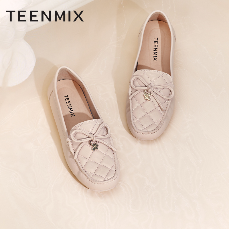 天美意休闲乐福鞋女平底皮豆豆鞋 天美意teenmix乐福鞋（豆豆鞋）