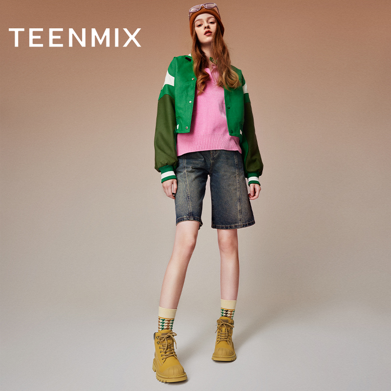 天美意复古工装靴厚底加绒马丁靴女鞋子大黄靴短靴冬新款BH451DD3 - 图1