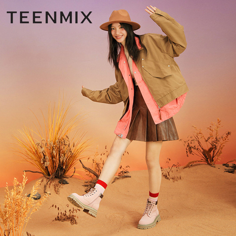 天美意厚底大黄女加绒工装冬马丁靴 天美意teenmix时装靴