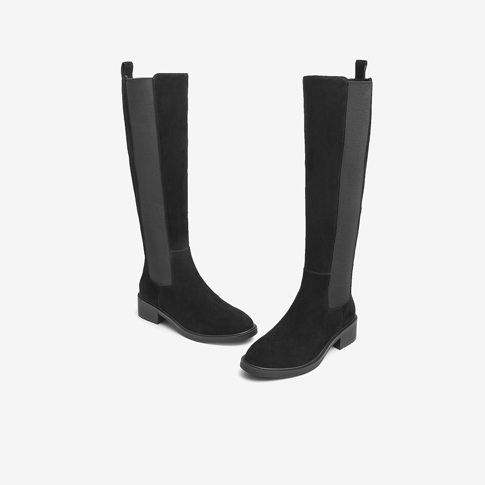 tata纯色百搭烟筒骑士女粗跟冬长靴 他她Tata时装靴