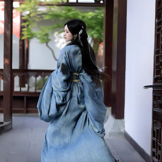 魏晋制蓝色战国袍汉服女直裾古装女款复原拖尾古风女装2026新款