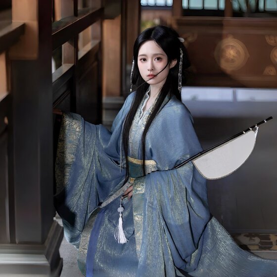 魏晋制蓝色战国袍汉服女直裾古装女款复原拖尾古风女装2026新款