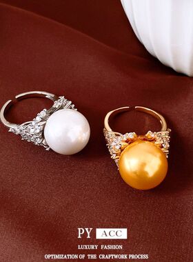中古高级感指戒戒指手饰vintage真金电镀圆形手饰锆石珍珠18k开口