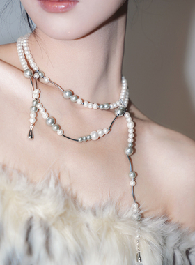 多层灰白珍珠流苏项链轻复古气质