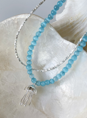 通体925银立体水母吊坠蓝石项链