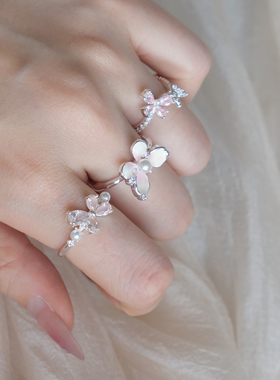 浅粉花朵蝴蝶叠戴戒指合辑可调节