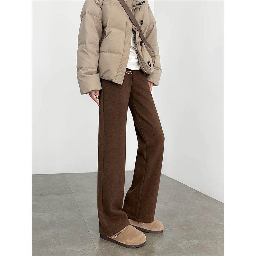 美拉德棕咖色裤子女2025冬小个子窄版直筒加绒毛呢人字纹阔腿裤子,淘宝优惠券,粉丝福利购,淘宝优惠卷