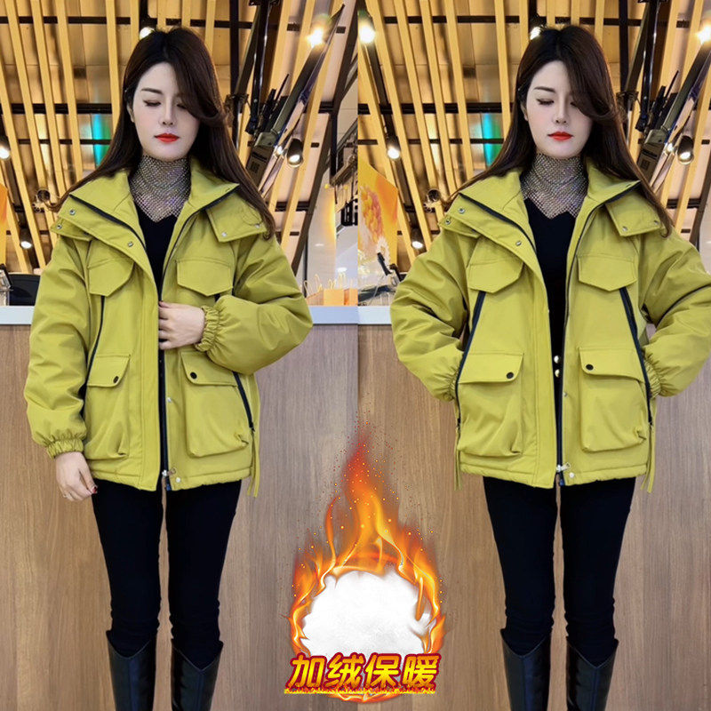 加绒加厚连帽冲锋衣女2024冬季新款宽松保暖工装棉服短款加厚外套,淘宝优惠券,粉丝福利购,淘宝优惠卷