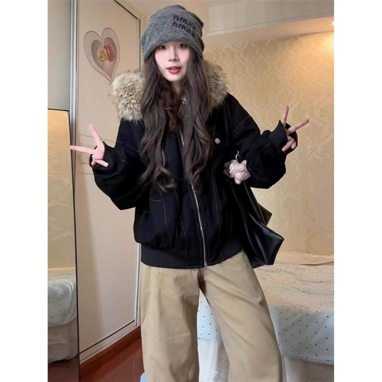 座山雕加绒棉服女2025新款美式覆古派克棉衣大毛领连帽加厚外套潮,淘宝优惠券,粉丝福利购,淘宝优惠卷