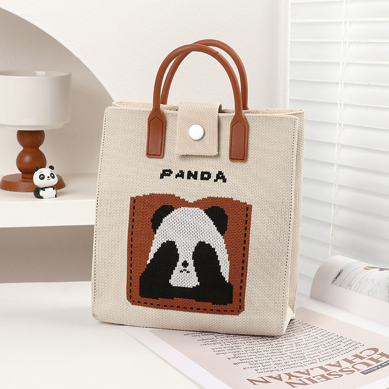 可爱大熊猫针织包女新款通勤单肩包学生手提袋百搭托特包可爱卡通