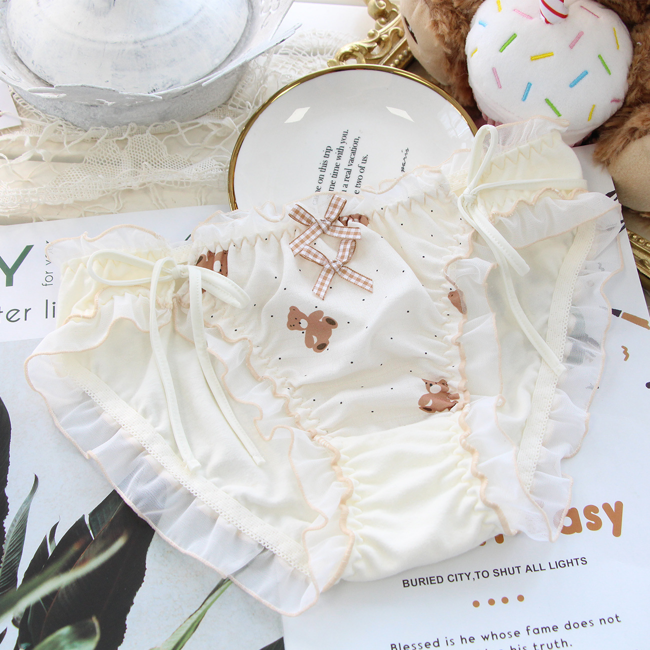 日系洛丽塔内裤棉三角裤小熊印花可爱大码内裤女士系带能解开胖次 - 图2