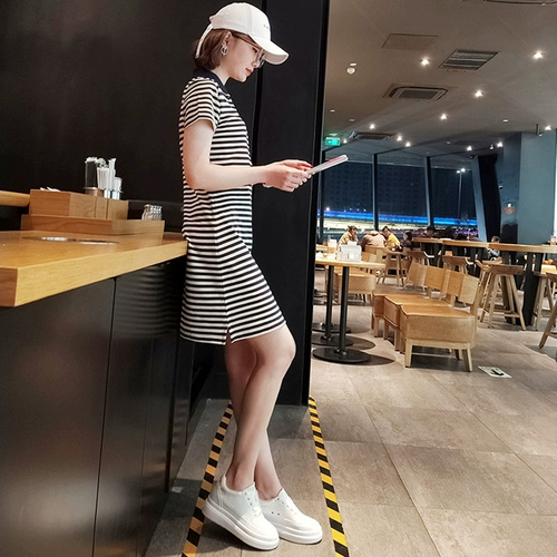 Летняя длинная юбка для отдыха, платье, платье-футболка, средней длины, короткий рукав, большой размер, по фигуре, воротник поло