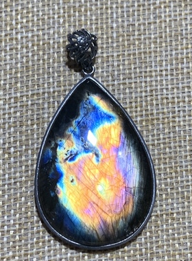 拉长石吊坠银镶嵌包边精品紫彩虹蓝黄金绿色月亮五角星椭圆水滴方