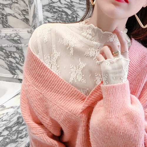 半高领蕾丝打底衫女2025年春秋新款薄款高端纱衣裙子内搭网纱上衣 - 图0