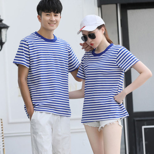 夏季海魂衫女短袖纯棉t恤蓝白条纹男女情侣装水手服演出服班服夏 - 图0