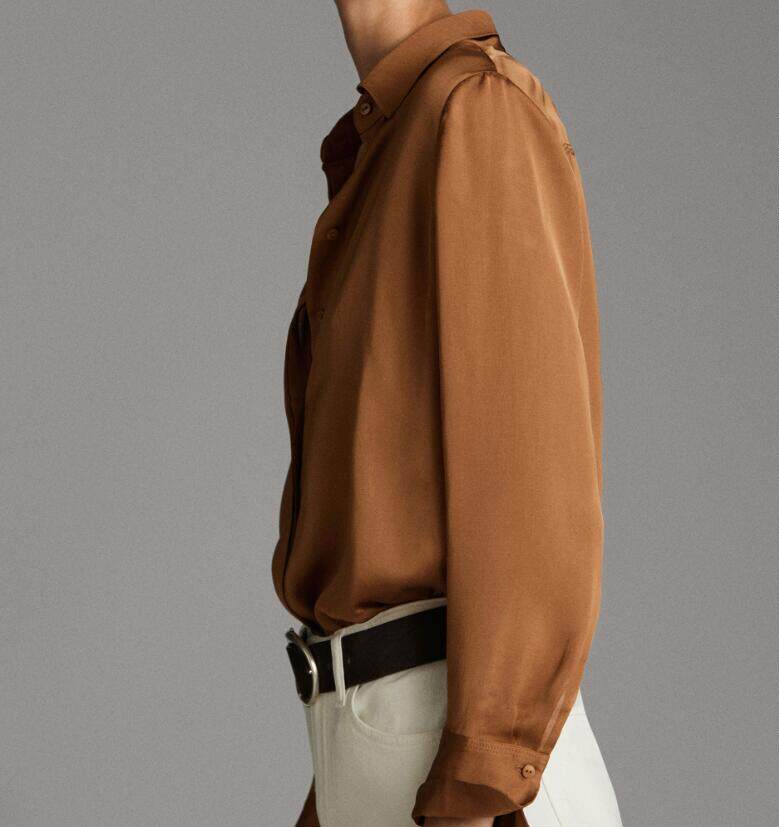 热销爆款桑蚕丝衬衫焦糖色明线设计飘逸真丝衬衫中性纯色长袖辣妹