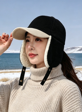 韩版针织护耳帽女冬季加厚羊羔毛保暖防寒显脸小雷锋帽骑行防风帽