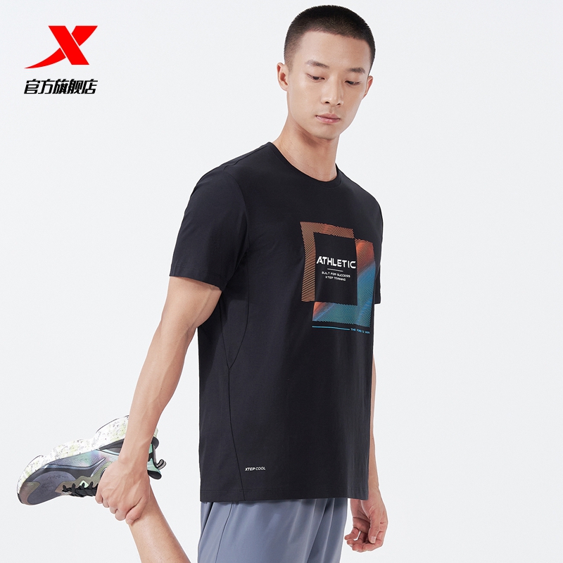 特步透气运动短袖男夏季健身训练跑步印花T恤男装跑步上衣半袖短T-图1