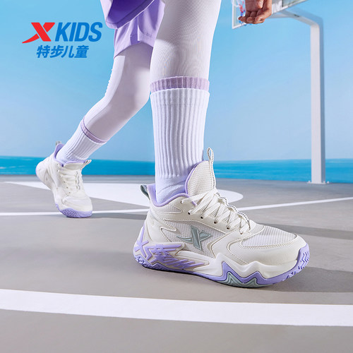 特步童鞋秋季新款中大童女童时尚高帮篮球鞋儿童运动减震缓震球鞋 - 图1