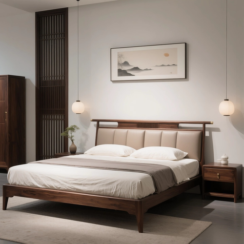 宋代美学北美黑胡桃实木床新中式1.8米双人床别墅主卧样板间家具 - 图1