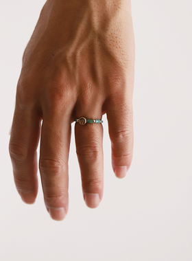 绿松石银珠串珠福字笑脸戒指