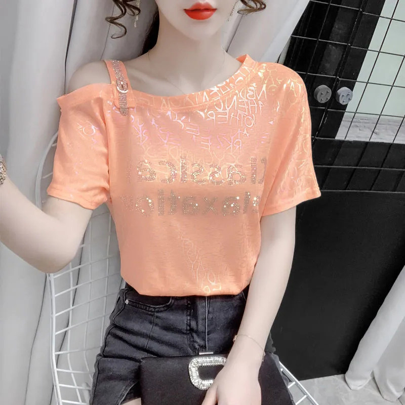 丽妤品牌折扣店女装特价斜肩烫钻设计感小众露肩短袖t恤上衣女夏,淘宝优惠券,粉丝福利购,淘宝优惠卷