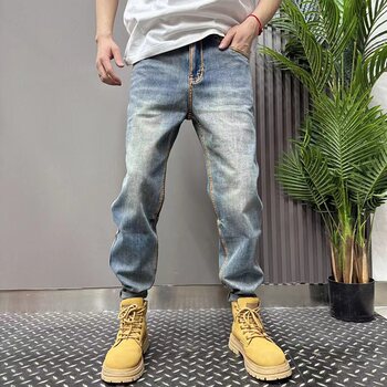 2024 Summer Thin Jeans Men's Trendy Brand Handsome Pants Youth Trousers Men's Slim Denim Small Foot Pants trendy