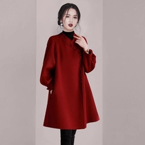 Michael Knows national wind red double-sided wool great coat woman retro qipao style Chinese jacket big code