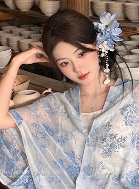 新中式蓝花流苏旗袍侧边发夹